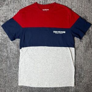 True Religion Mens Colorblock T-Shirt Red Navy Grey Logo Tee Small 700074